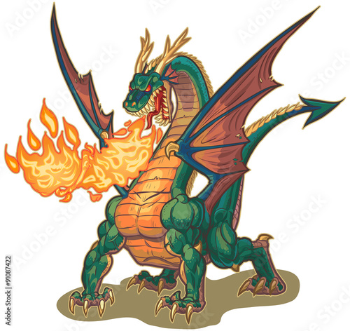 Muscular Dragon Breathing Fire Vector Illustration