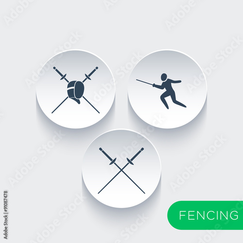 Fencing, fencer, crossed foils round icons