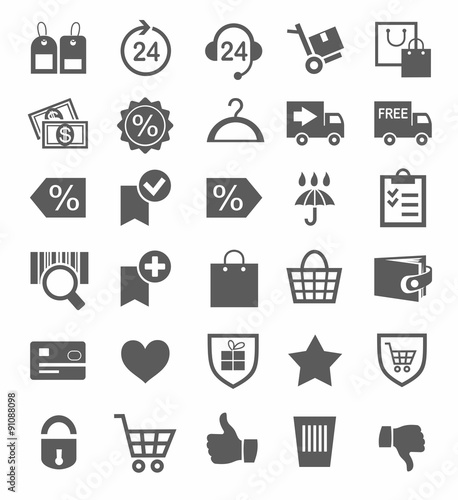 Icons, buy, online store, discounts, protection, payment, delivery, monochrome. 