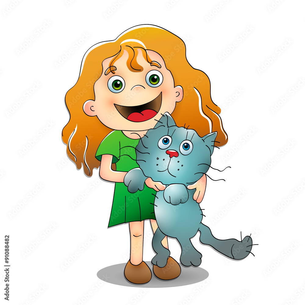 Little girl is holding the cat in her arms on white background Stock ...