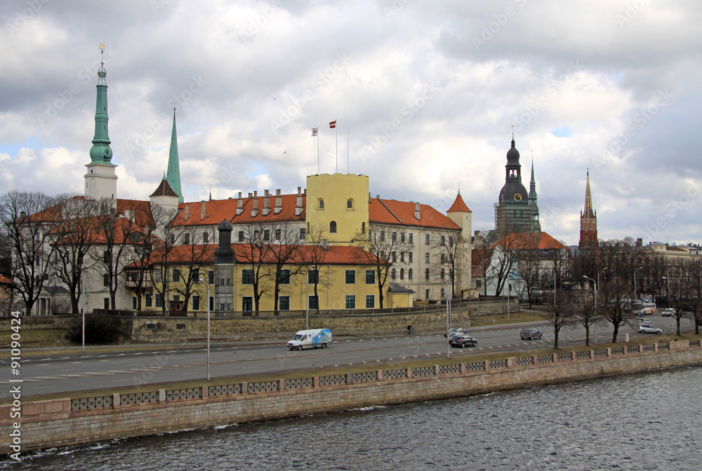 RIGA, LATVIA - MARCH 19, 2012: View of Riga castle. The castle is a residence for a president of Latvia (Old Town, Riga, Latvia)