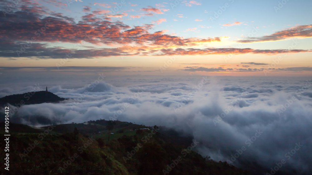 Beautiful mountain with sea of mist and sunrise morning