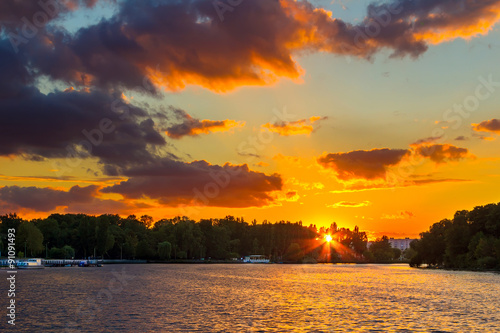 Amazing colorful sunset over river Southern Bug  Khmelnytskyi