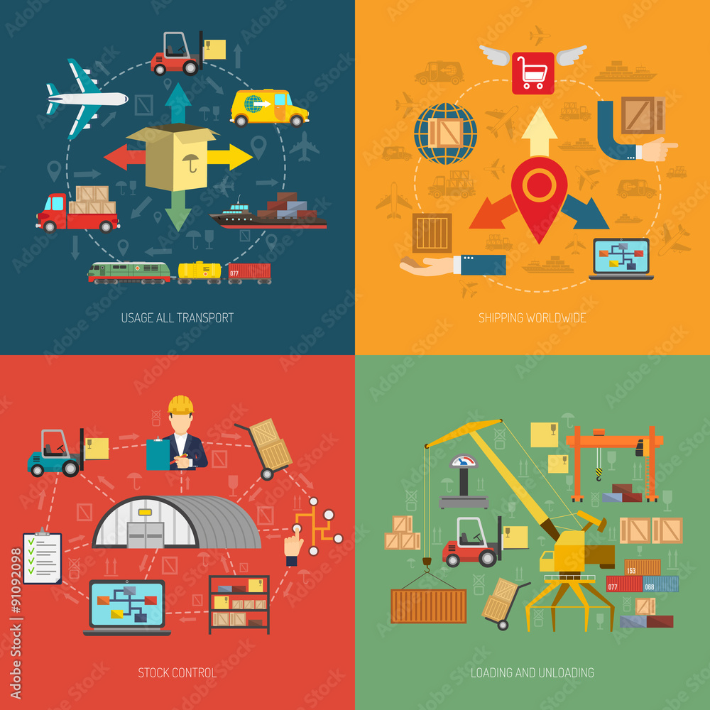 Logistic 4 flat icons square banner Logistic 4 flat icons square banner
