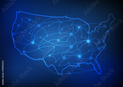 Vector : USA map with network line and grid blue background