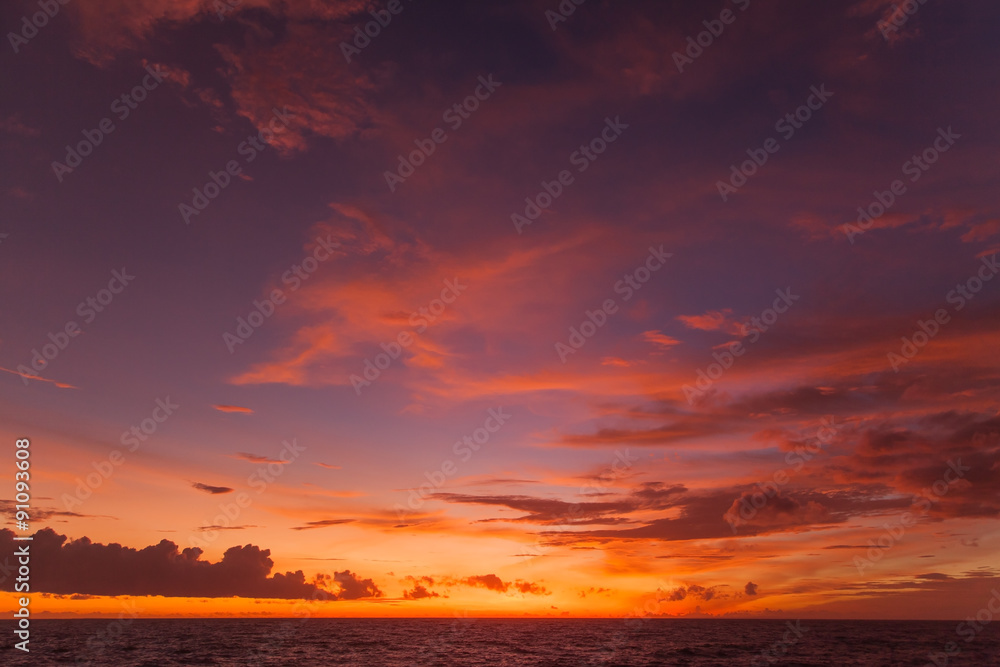 Sunset with clouds of different shapes. Bali, Indonesia, Indian ocean.