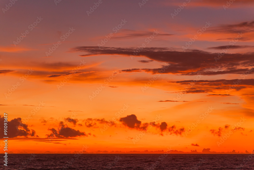 Sunset with clouds of different shapes. Bali, Indonesia, Indian ocean.