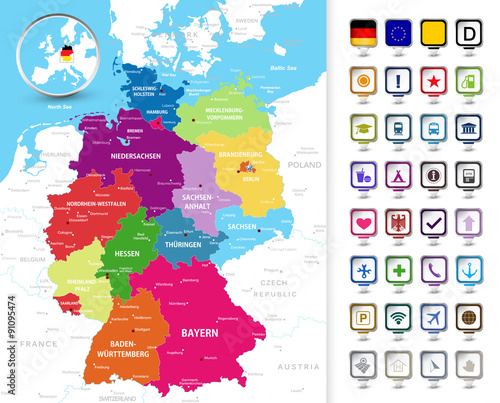 Political map of Germany with a 3D pin pointers.