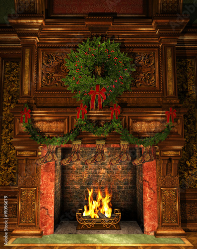Fototapeta Fireplace decorated for Christmas