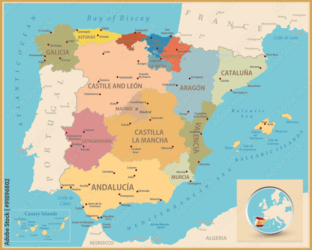 Vintage color map of Spain - obrazy, fototapety, plakaty 