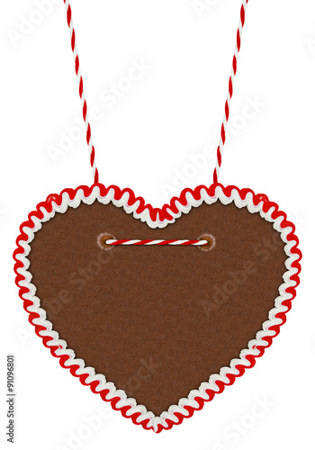 red white empty gingerbread heart isolated on white background