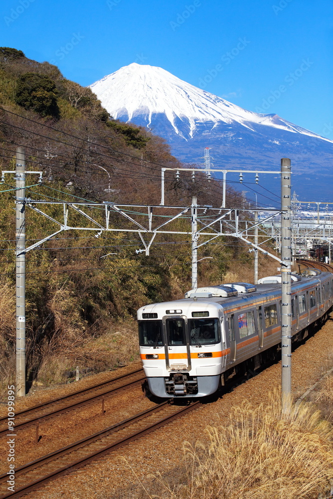 Mountain Fuji and train in winter season from Shizuoka prefecture.