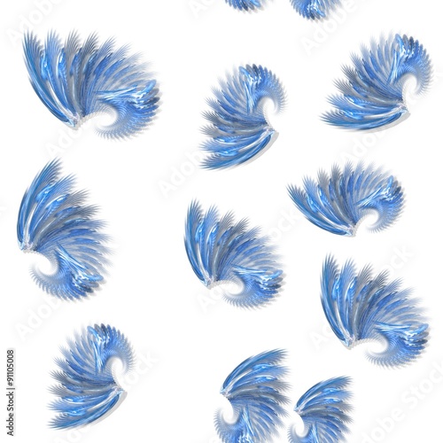 Seamless blue fractal wings pattern on white