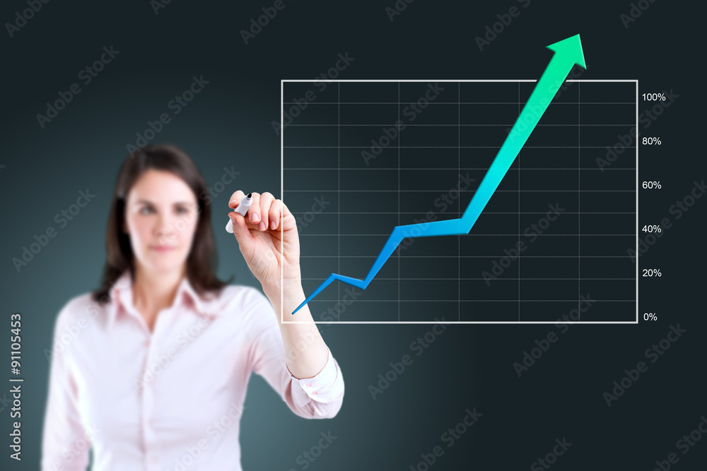 Young business woman writing over achievement graph. Young business woman writing over achievement graph.