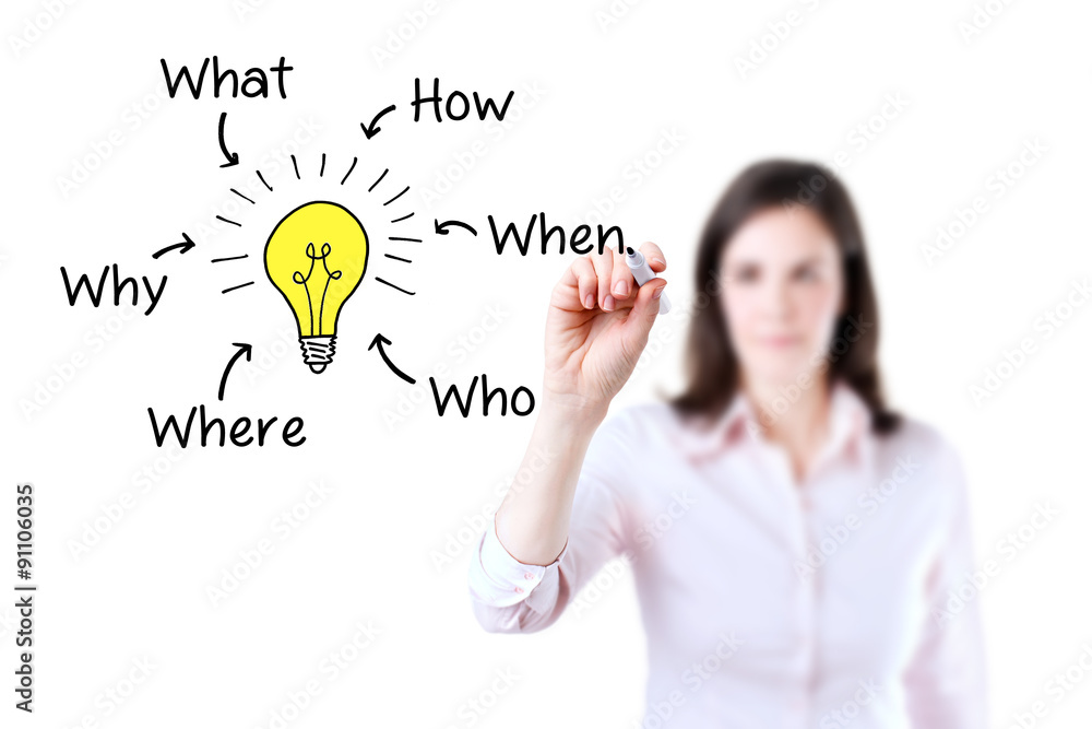 Business woman analyzing problem and find solution, white background. Business woman analyzing problem and find solution, white background.