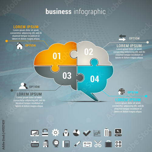 Business infographic with brain made of puzzle.