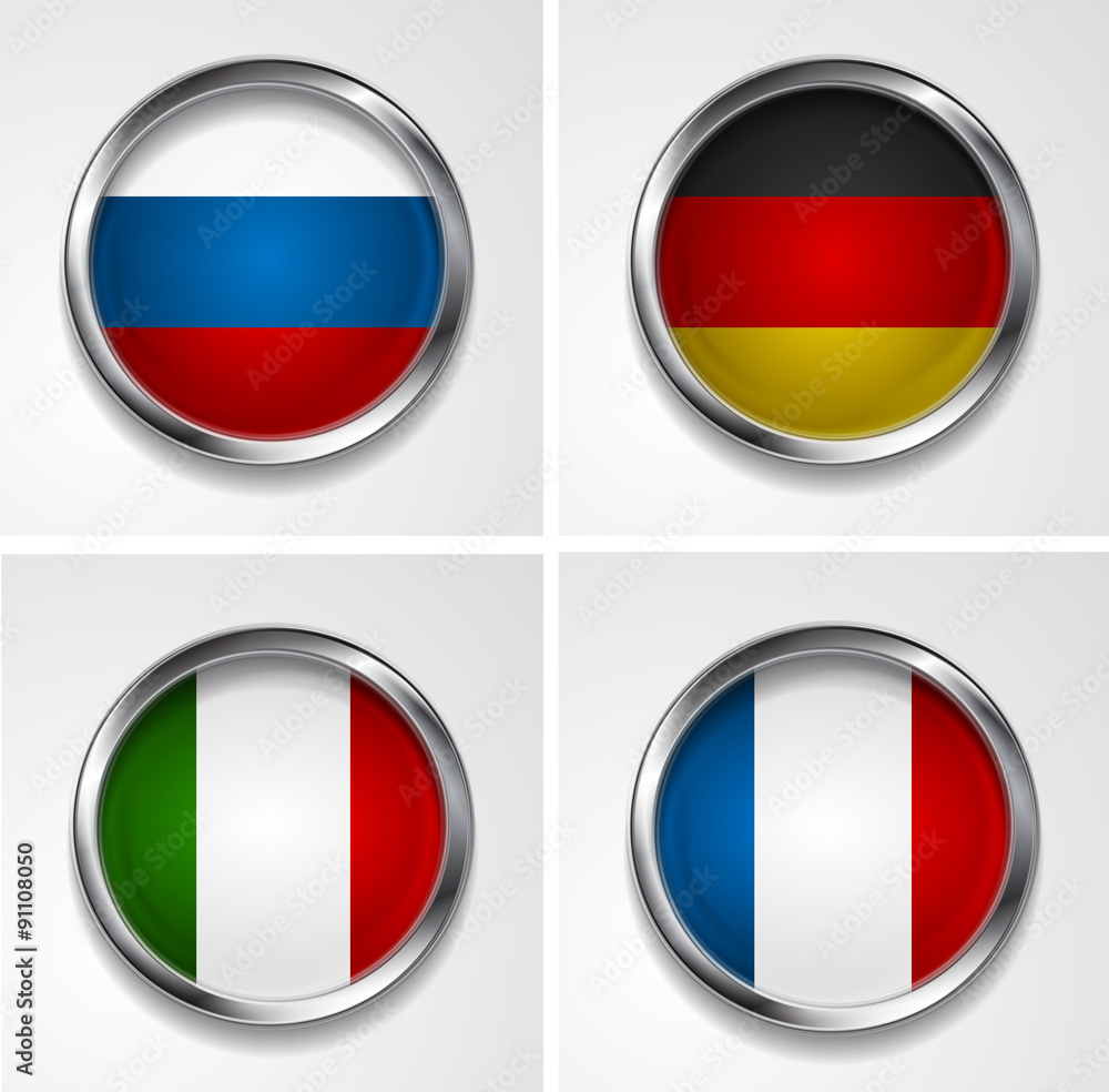Round metal buttons with flags. Raster art backgrounds Round metal buttons with flags. Raster art backgrounds