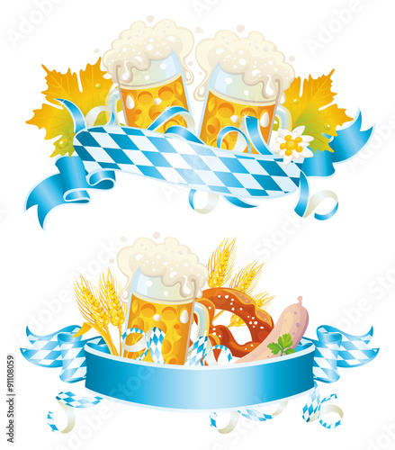 Bavarian German Oktoberfest vector banners with beer mug, Pretzel, Edelweiss, hops and Weisswurst sausage isolated on white