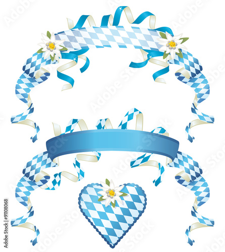 Oktoberfest ornate satin ribbon banners in Bavarian flag design with edelweiss, streamers and heart badge isolated on white