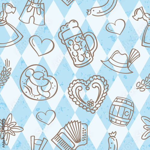 Seamless vector Oktoberfest pattern tile background with hand drawn icons on Bavarian flag pattern