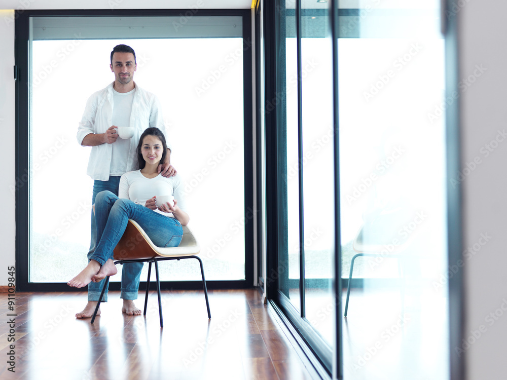 relaxet young couple drink first morning coffee