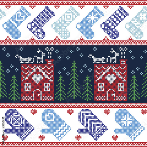 Scandinavian Nordic Christmas seamless pattern with ginger bread house, stockings, gloves, reindeer, snow, snowflakes, tree, Xmas ornaments in red, blue, green  cross stitch 
