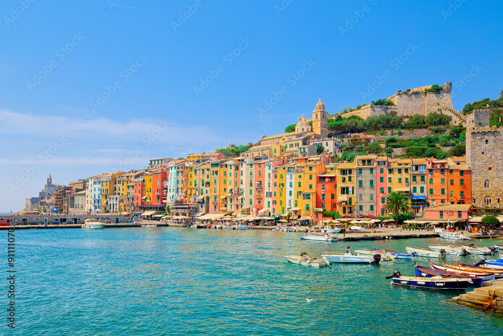 Seen from the sea the town of Porto Venere, with colorful houses