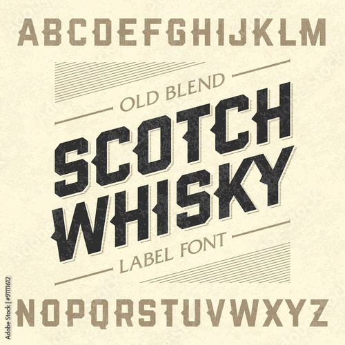 Scotch whiskey style label font with sample design. Ideal for any design in vintage style. 