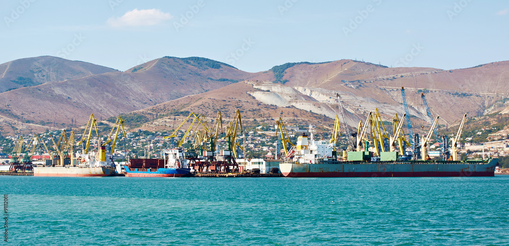 Port cranes in dock by sea