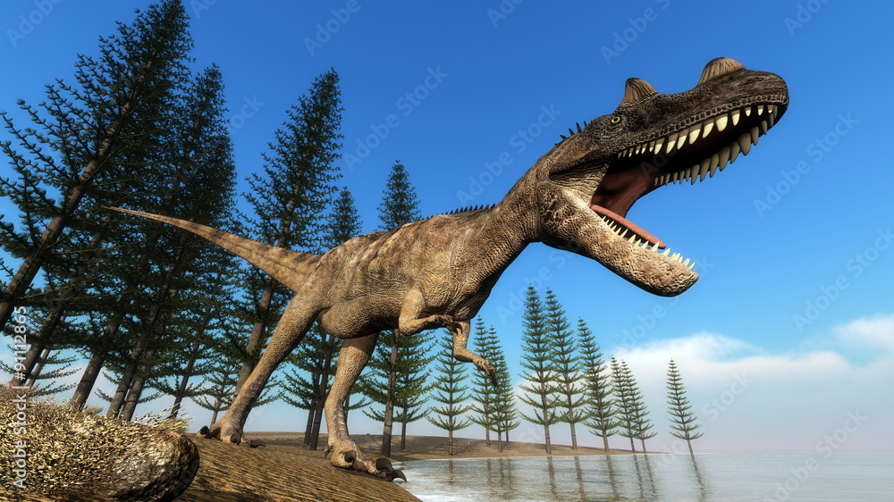 Ceratosaurus dinosaur at the shoreline - 3D render