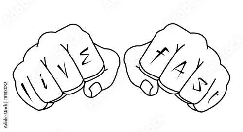 Fists with live fast fingers tattoo. Contour