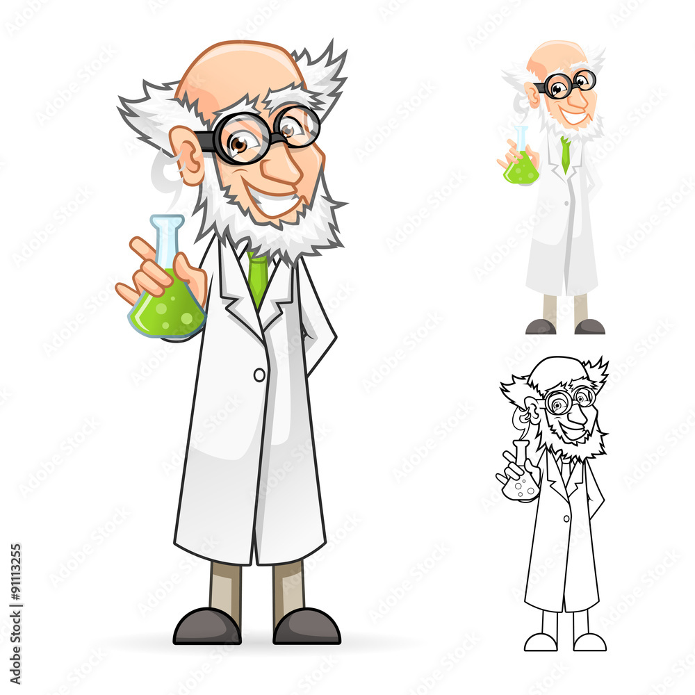 High Quality Scientist Cartoon Character Holding a Beaker Feeling Great  Include Flat Design and Line Art Version Stock Vector | Adobe Stock
