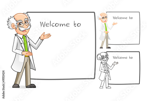 High Quality Scientist Cartoon Character with Welcoming Arms Include Flat Design and Line Art Version