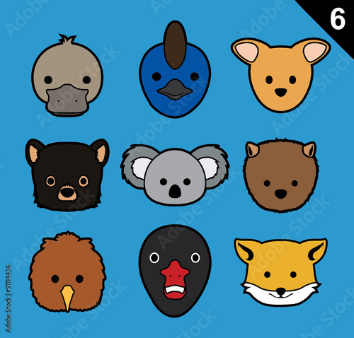 Flat Animal Faces Stroke Icon Cartoon Vector Set 6 (Australia)