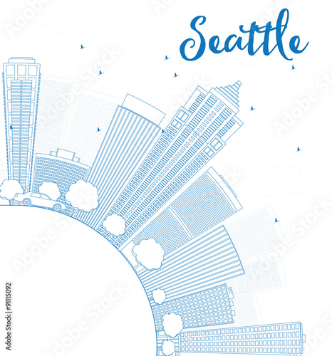 Outline Seattle City Skyline with Blue Buildings and copy space
