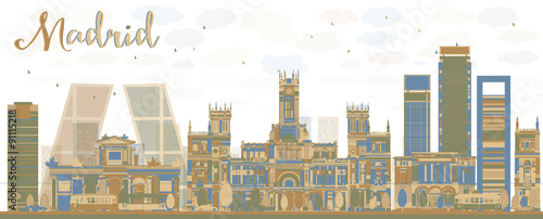 Abstract Madrid Skyline with brown and blue buildings