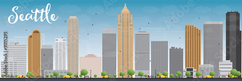 Seattle City Skyline with Grey Buildings and Blue Sky