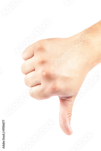 Hand with lowered thumb on white background.