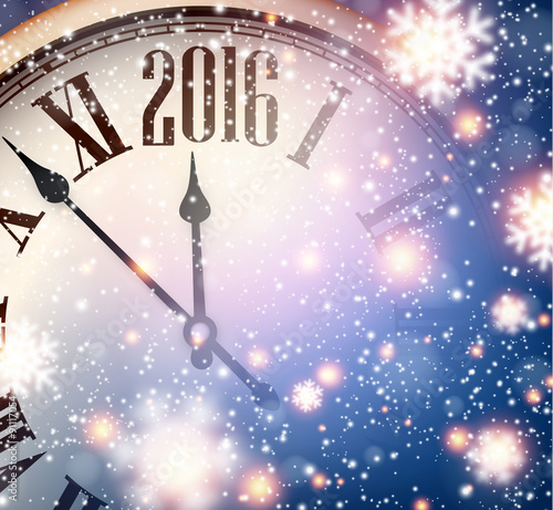 2016 New year clock with snowy background.