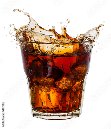 Cola with splash of ice cubes on white. With clipping path