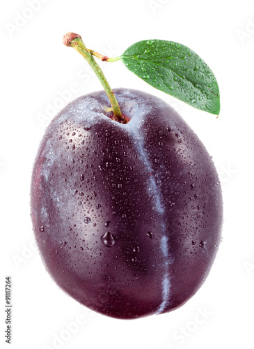 Fresh plum with drops isolated on white background.