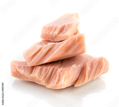 Tuna. Canned fish isolated on white. Macro.
