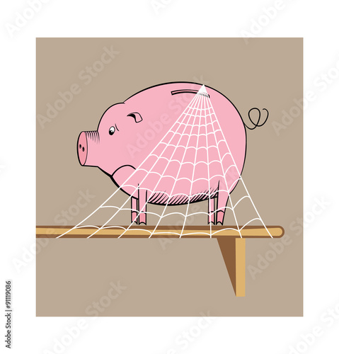 Cartoon piggy bank on shelf with cobwebs