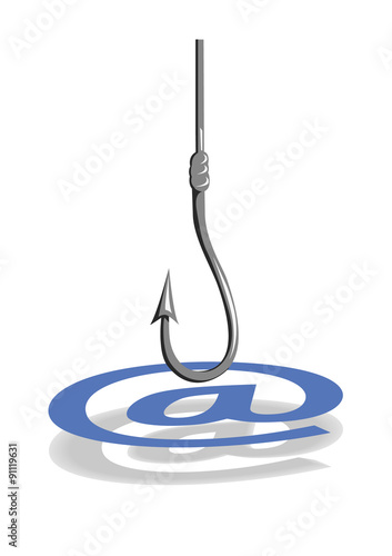 Vector image of a fishing hook hanging over an internet symbol