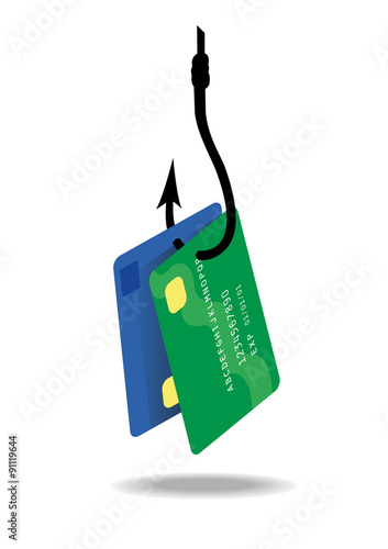 Vector image of a credit or bank card hanging off a fishing hook 