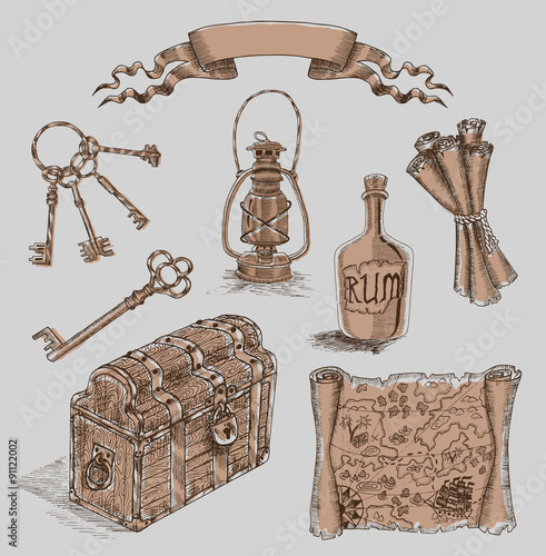 Design set with engraved pirate objects