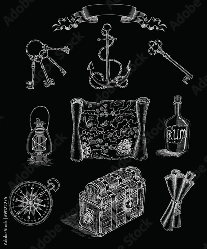 Pirate set with engraved objects on black