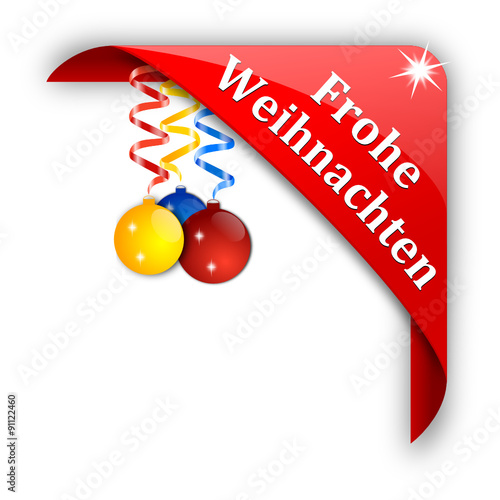 Tape red corner with colorful Christmas bulbs with inscription Merry Christmas - vector