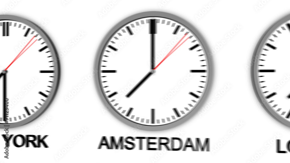 Wall clocks showing different time zones fly by Wall clocks showing different time zones fly by