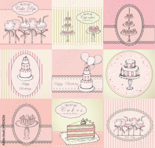 Collection of beautiful cakes, cupcakes and cake pops background
